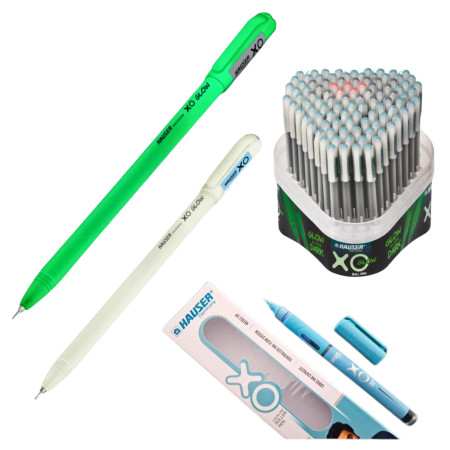 Hauser XO Glow in the dark Ball Pen Assorted - 100 Pcs. Stand, Free 2 Pcs XO Liquid Ink Roller Pen