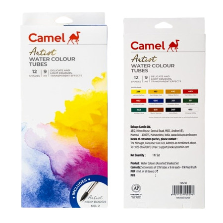 Camel Artist Water Colours Tubes 9ml - 12 Shades, Free 1 Camle A5 Sketch Book