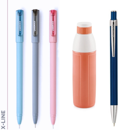 Unomax X-Line ball pen 200 Pcs pack - Assorted free Icetron 900ml bottle 1pcs & Felix ballpen blue 2pcs Worth - Rs.370