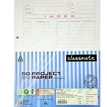 Classmate Project Punch Paper - Unruled, Pack of 50 Sheets, 28x22 cm (2001226)