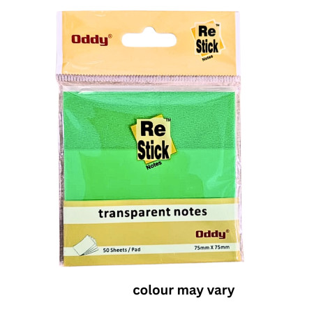 Oddy Re -Stick Colour Transparent Notes -75mm x75mm, 50 Sheet (RSN-TN-3X3)