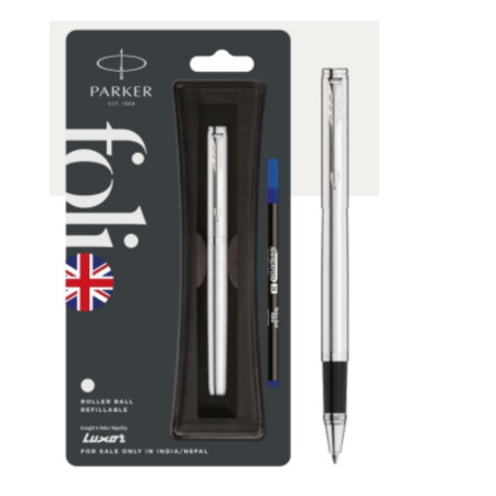 Parker Folio Stainless Steel Chrome Trim Roller Ball Pen (MRP - 430)